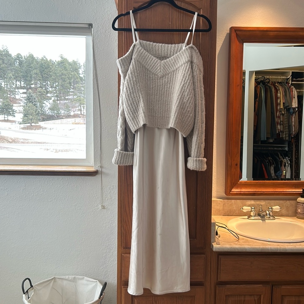 Anthropologie Cream Knit Cold-Shoulder Long Sleeve Maxi Dress